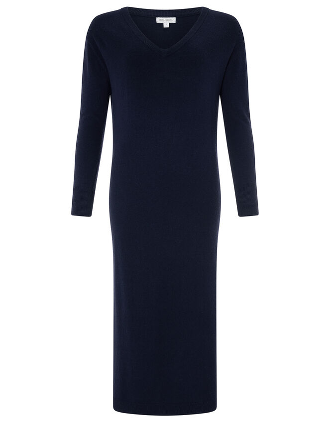 Lexi V Neck Longline Dress in Wool Blend, Blue (NAVY), large