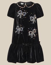 Mara Sequin Bow Velvet Swing Dress, Black (BLACK), large
