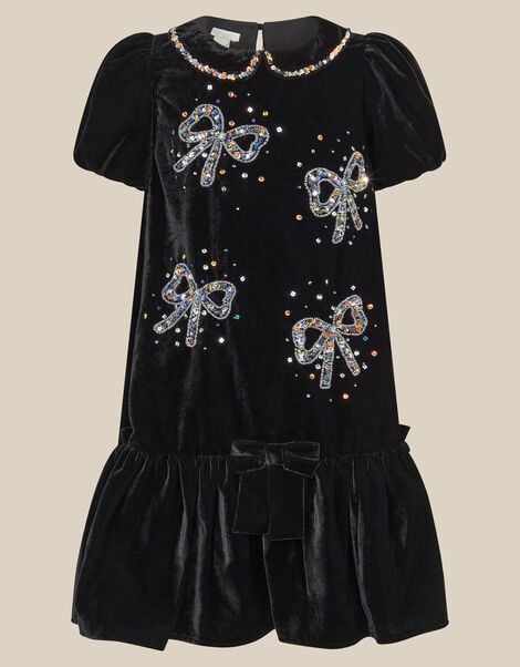 Mara Sequin Bow Velvet Swing Dress, Black (BLACK), large