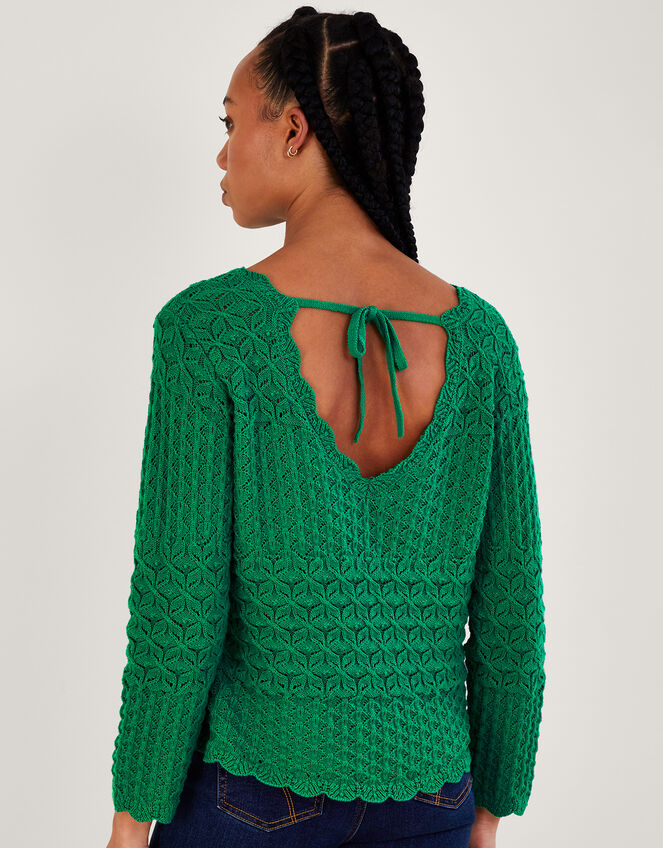 Pointelle Stitch Jumper with Tie Back in Sustainable Cotton, Green (GREEN), large