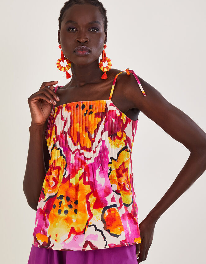 Chantal Pleated Print Cami Top, Orange (ORANGE), large