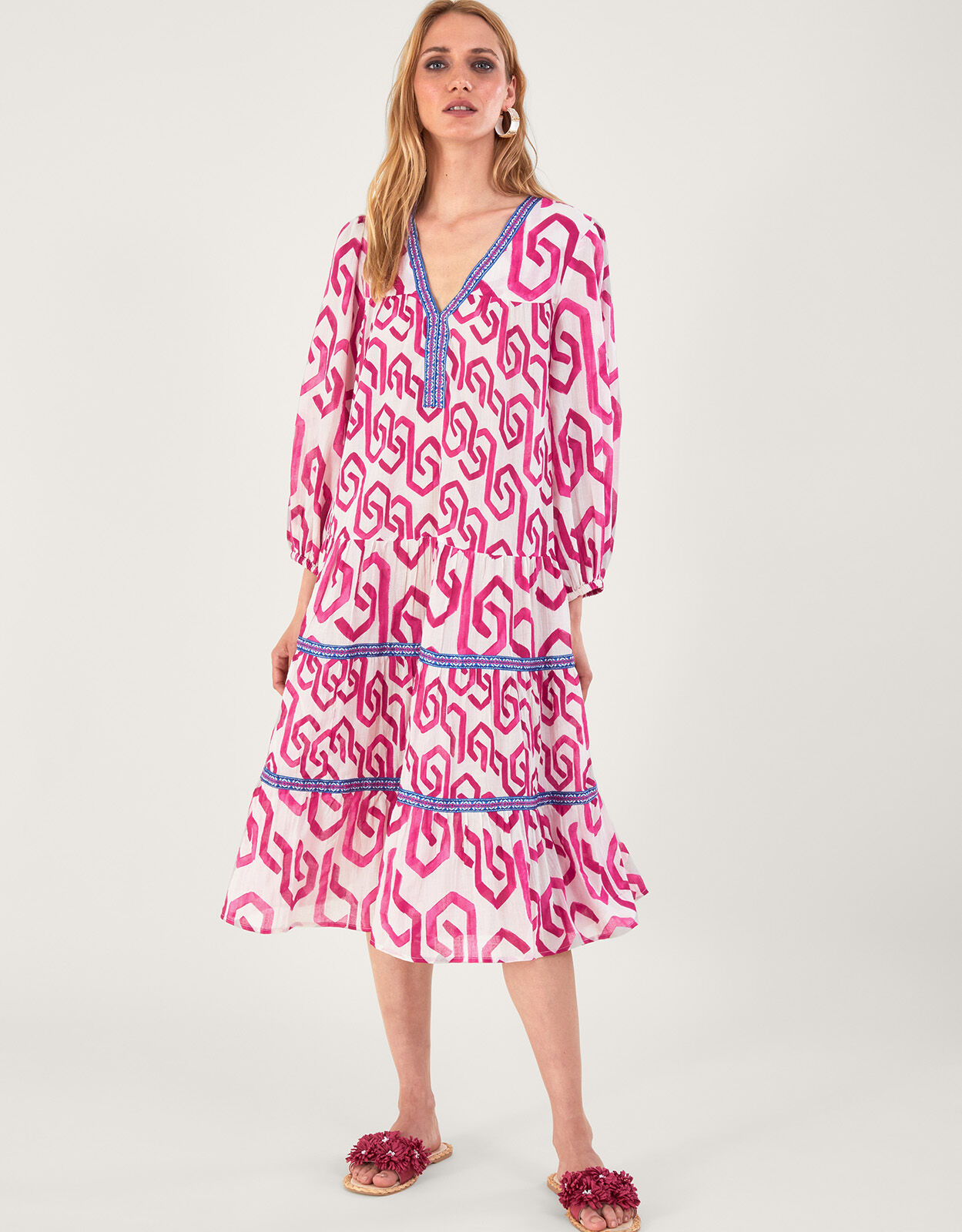 Geometric Print Kaftan Dress in Sustainable Cotton Pink