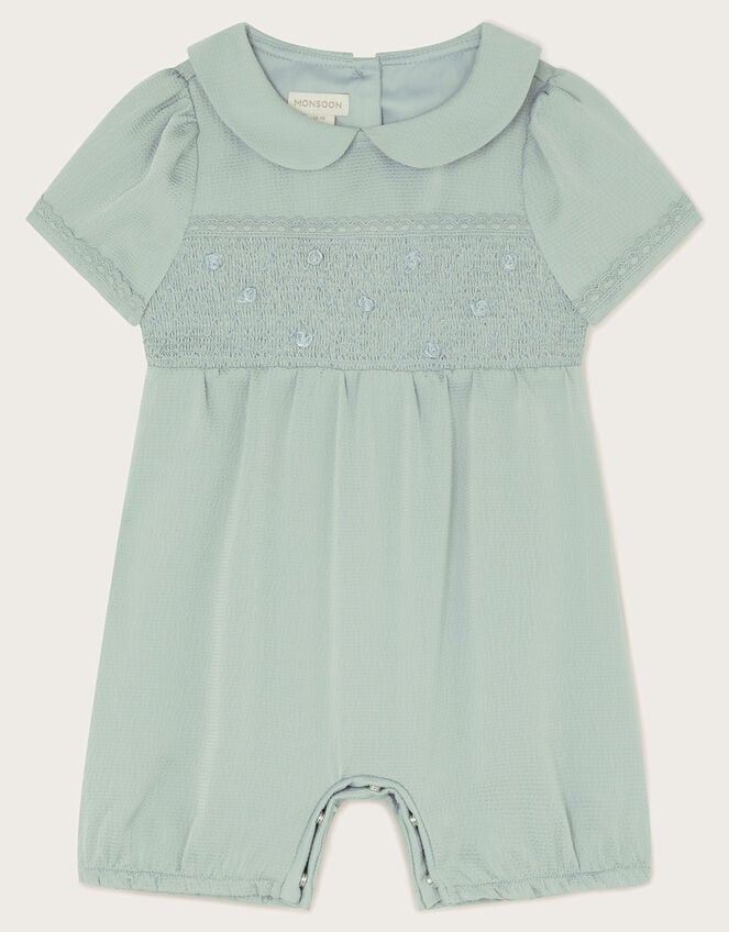Baby Smocked Satin Romper, Green (SAGE), large