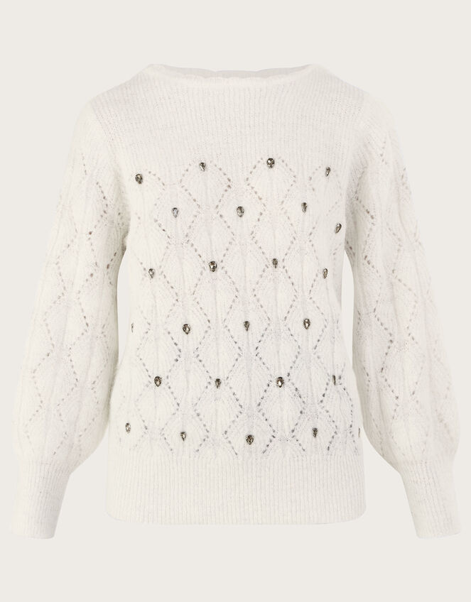 Gem Encrusted Sweater with Recycled Polyester, Ivory (IVORY), large