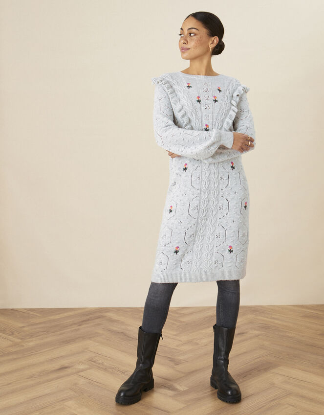 Rita Embroidered Ruffle Dress, Grey (GREY), large