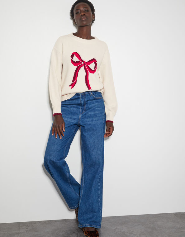Lou Intarsia Bow Sweater, Ivory (IVORY), large