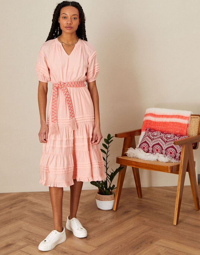 Short Sleeve Plain Dress with Embroidered Belt, Orange (PEACH), large