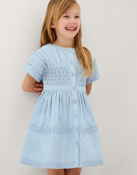 Flower Button Smocked Dress, Blue (BLUE), large