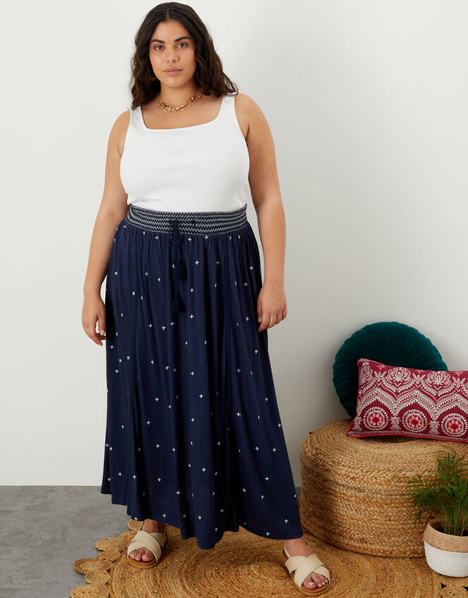 Embroidered Shirred Maxi Skirt in LENZING™ ECOVERO™ Blue