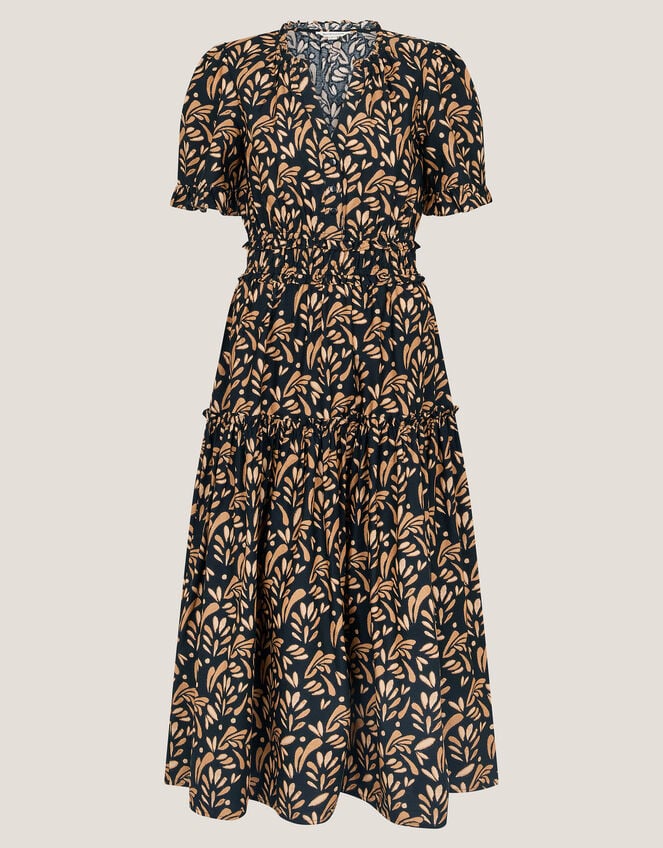 Bryony Leaf Print Midi Dress, Black (BLACK), large