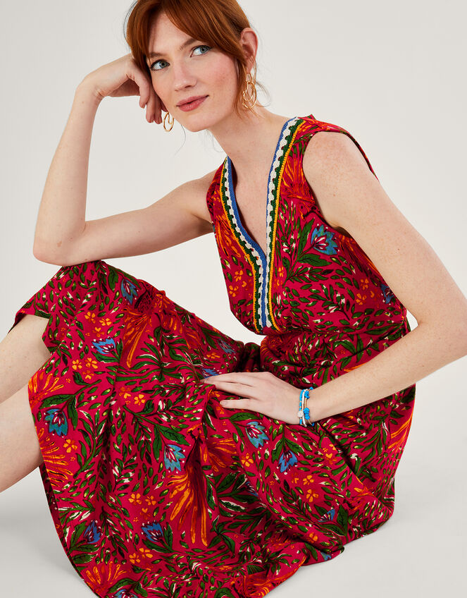 Leaf Print Crochet Trim Dress in Linen Blend, Red (RED), large