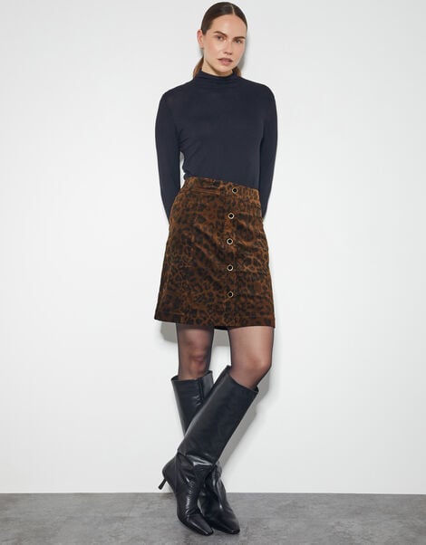Aida Leopard Print Button Mini Skirt, Brown (BROWN), large