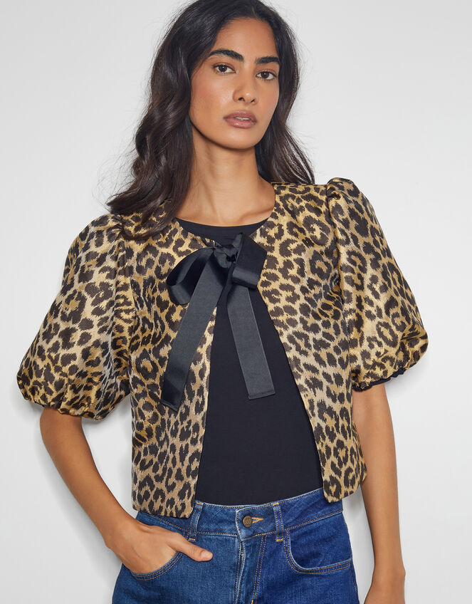 Anne Leopard Print Bow Jacket, Brown (BROWN), large