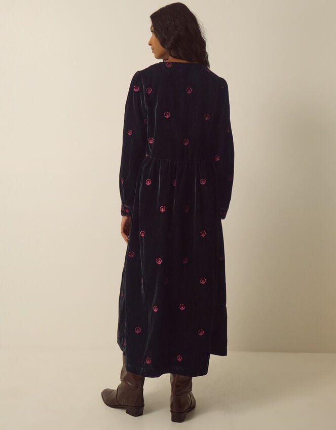 Agnes Long Sleeve Embroidered Velvet Midi Dress, Black (BLACK), large