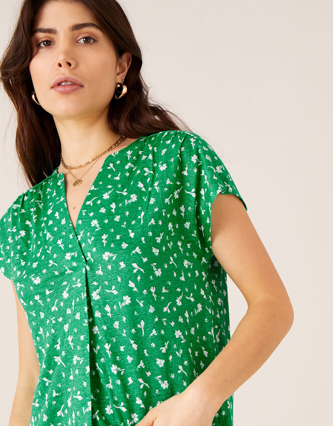 Candra Printed Top in Pure Linen, Green (GREEN), large