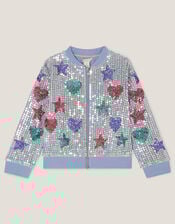 Star & Heart Sequin Bomber Jacket, Blue (BLUE), large
