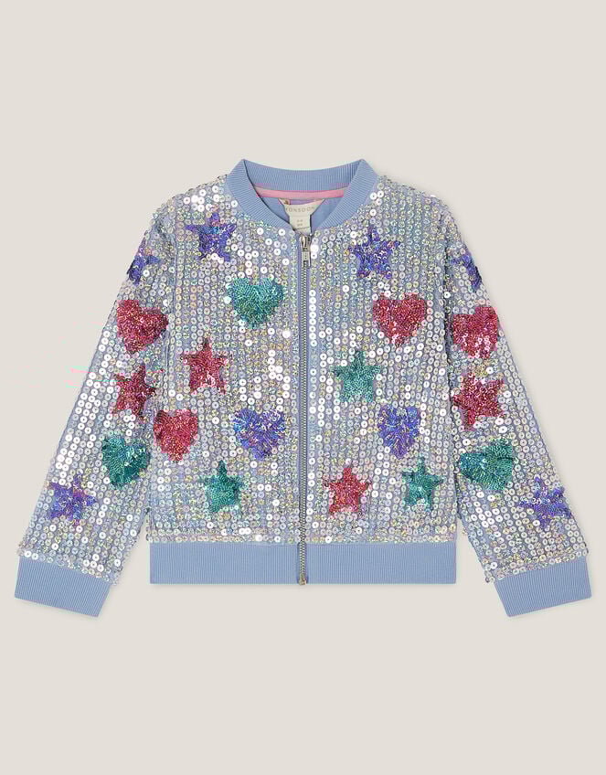 Star & Heart Sequin Bomber Jacket, Blue (BLUE), large