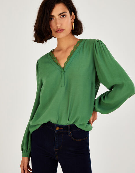 Emma Lace Trim Blouse in LENZING™ ECOVERO™ Green, Green (GREEN), large