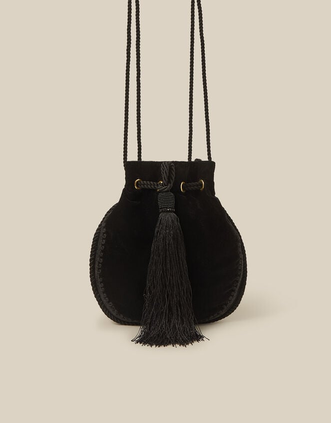 Hope Tassel Velvet Pouch Bag, Black (BLACK), large