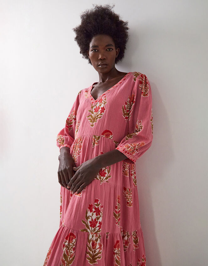 East Macy Floral Tiered Midi Dress, Pink (PINK), large