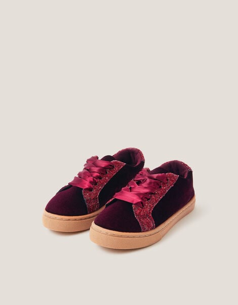 Glitter Velvet Trainers, Red (BURGUNDY), large