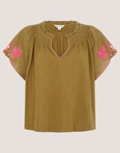 Fiona Embroidered Cotton Top, Green (KHAKI), large
