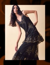 Clemence Isabelle Embroidered Tiered Midi Dress, Black (BLACK), large