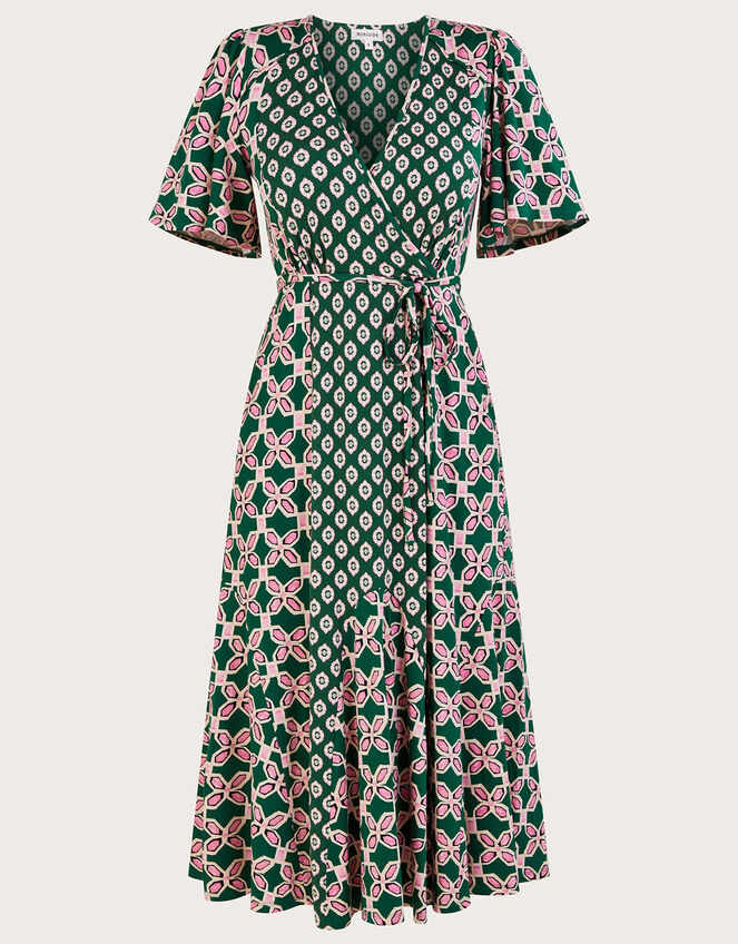 Contrast Geometric Print Wrap Midi Dress, Green (KHAKI), large