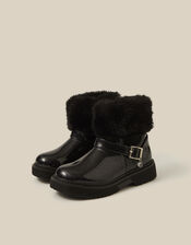 Faux Fur Glitter Patent Boots, Black (BLACK), large
