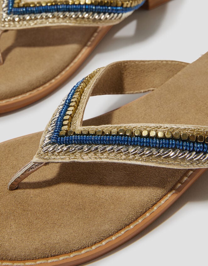 Sia Beaded Leather Flip Flop Sandals, Blue (BLUE), large