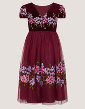 Ruby Floral Embroidered Velvet Party Dress, Red (BURGUNDY), large