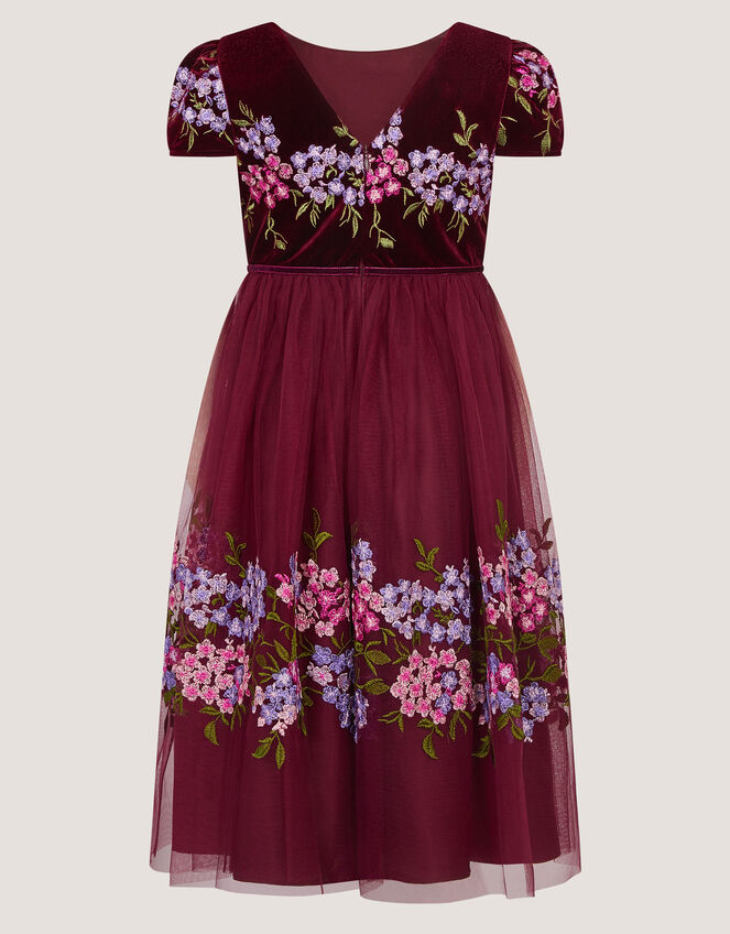 Ruby Floral Embroidered Velvet Party Dress, Red (BURGUNDY), large