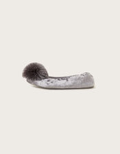 Velvet Pom-Pom Ballerina Flat Slippers, Grey (GREY), large