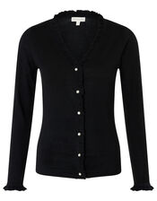 Frilled Knit Cardigan with Faux Pearl Buttons, Black (BLACK), large