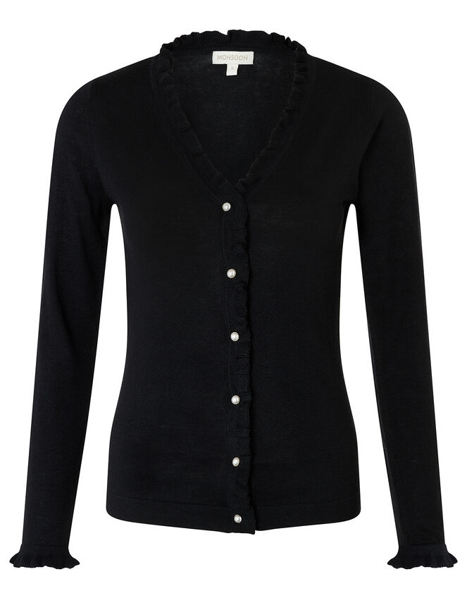 Frilled Knit Cardigan with Faux Pearl Buttons, Black (BLACK), large