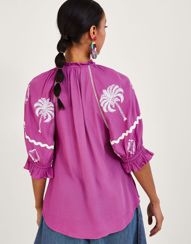 Pernella Palm Embroidered Top in Sustainable Viscose, Pink (PINK), large