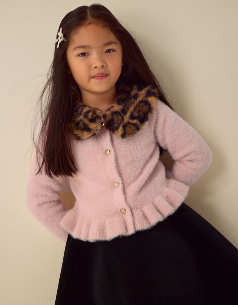 Monsoon x Queens of Archive Francoise Leopard Print Faux Fur Collar Cardigan​, Pink (PINK), large
