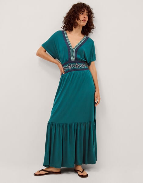 Jacqui Embroidered Jersey Midi Dress, Teal (TEAL), large