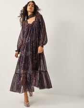 Marianna Paisley Print Tiered Midi Dress, Purple (PURPLE), large