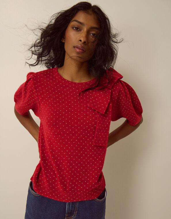 Sue Polka Dot Bow Sweater, Red (RED), large