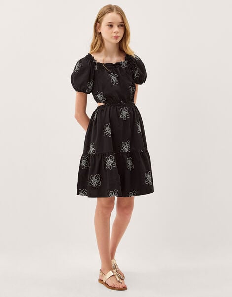 Puff Sleeve Floral Embroidered Dress, Black (BLACK), large