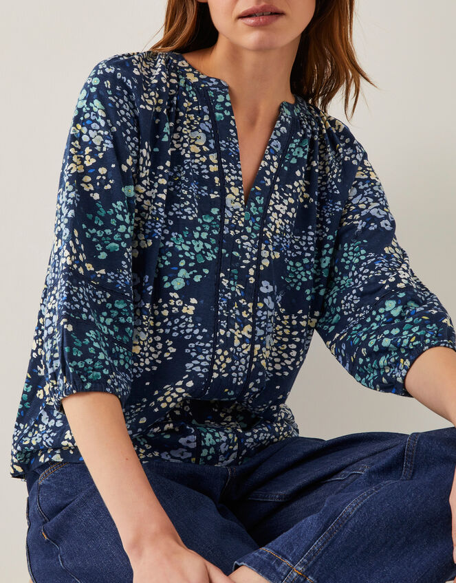Micola Abstract Print Jersey Blouse, Blue (NAVY), large