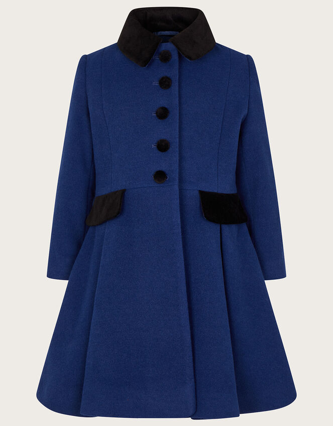 Velvet Trim Skirted Military Coat, Blue (BLUE), large