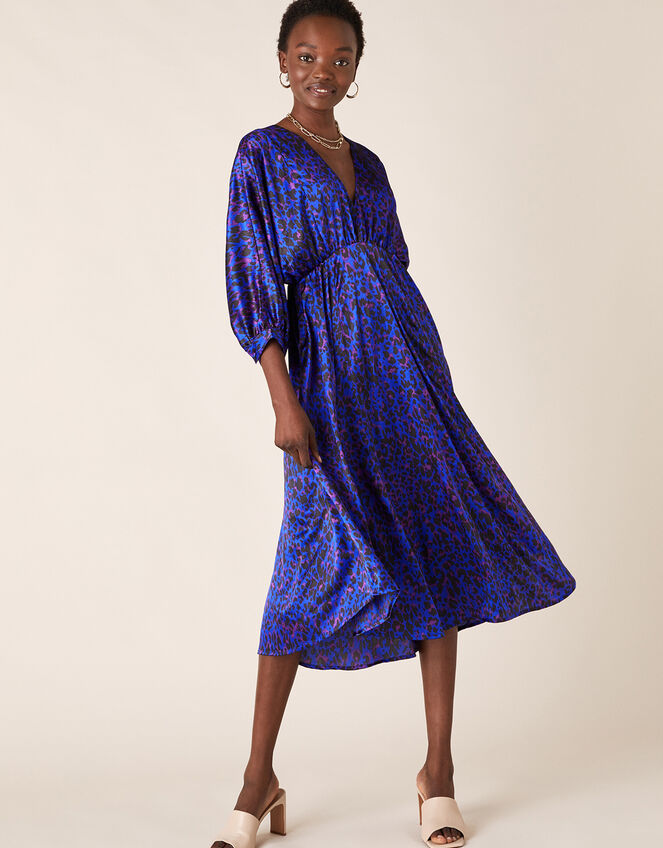 Animal Print Satin Midi Dress, Blue (BLUE), large