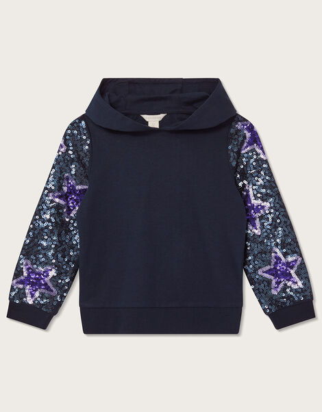Sequin Sleeve Hoodie, Blue (NAVY), large