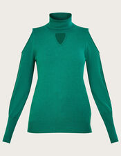 Cold-Shoulder Roll Neck Jumper, Green (EMERALD), large