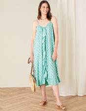 Printed Ruffle Midi Dress, Green (GREEN), large