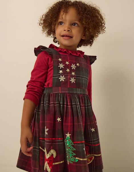 Baby Christmas Top & Tartan Pinafore Dress Set, Red (BURGUNDY), large