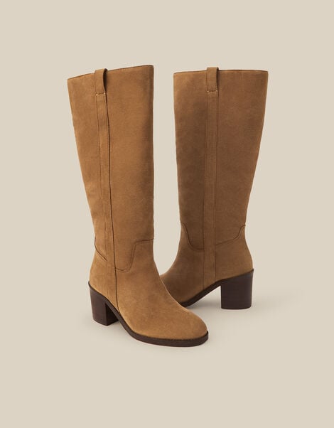 Isla Suede Knee High Heeled Boots, Tan (TAN), large