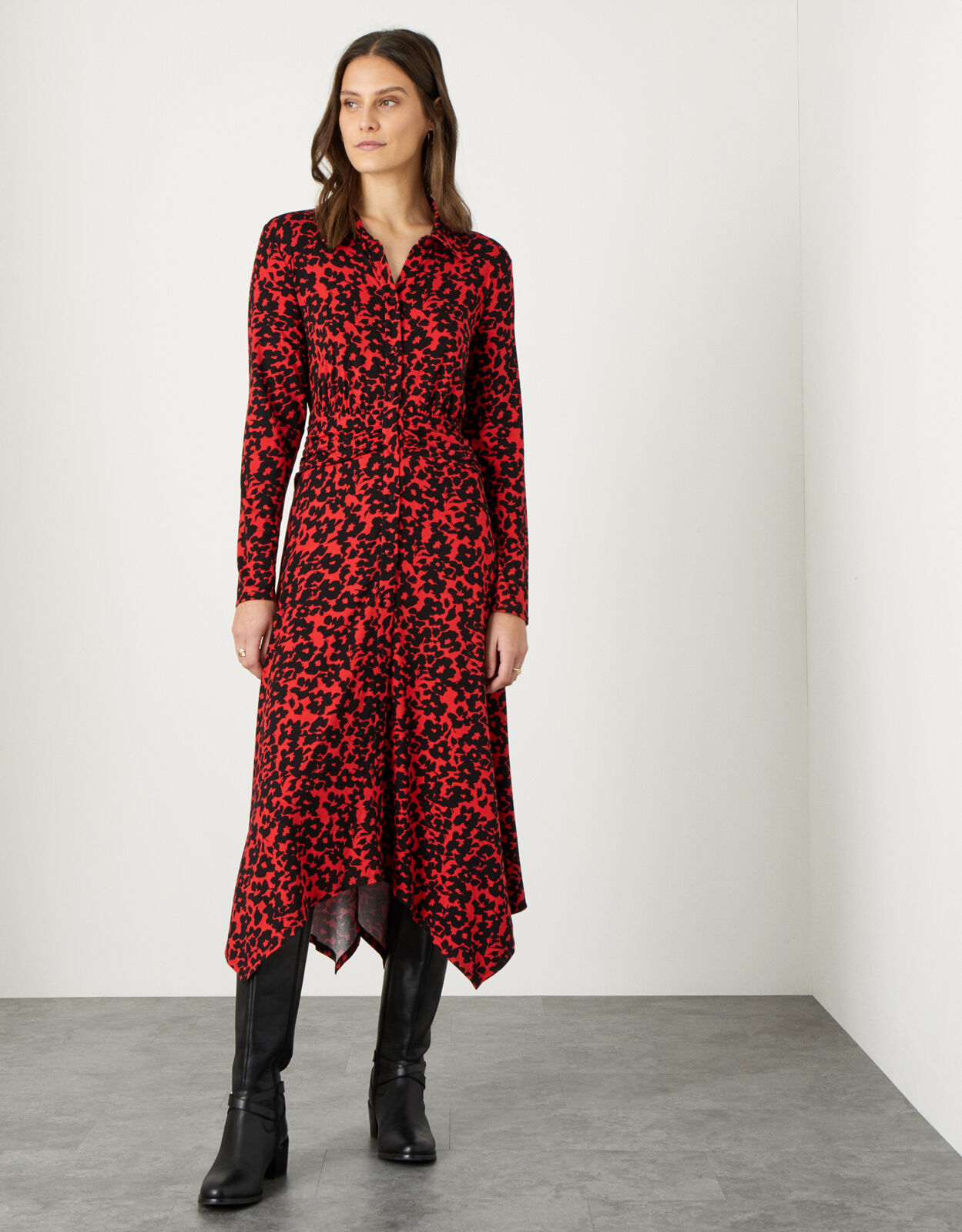 Floral Print Hanky Hem Shirt Dress Black